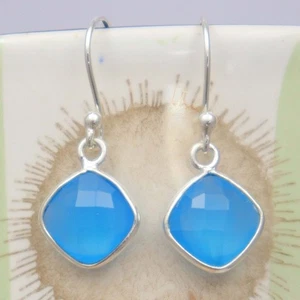 Pendientes Calcedonia Azul Plata de Ley 925 Corte Cojín Hechos a Mano - Imagen 1 de 12