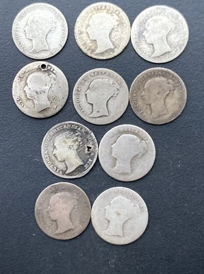 Victoria Silver Threepences & Groats (10) 1855 1849 1862 Victorian Coins Lot G64 - Image 1 of 4