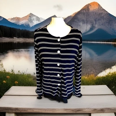 Coldwater Creek Cardigan Petite XL Navy and White Stripe White Buttons  - Imagem 1 de 4