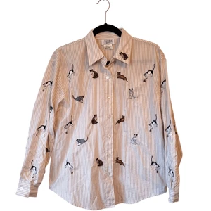 Vintage Teddi Damen hellbraun gestreift Katze bestickt Button Down Shirt Größe PXL - Bild 1 von 7
