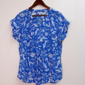 Kim Rogers Blusentop blau Blumenmuster Kurzarm V-Ausschnitt Gr. M / #7270 - Bild 1 von 4
