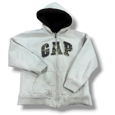 Vintage Gap Hoodie Womens's 2XL Gray Sherpa Lined Full Zip Fleece Spell Out Logo - Image 1 of 4