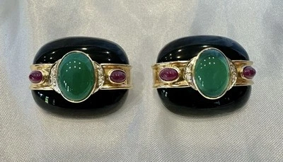 MAGNIFICENT FRENCH 14K GOLD DIAMOND RUBY CHALCEDONY ONYX PAIR OF EARRINGS - Image 1 of 4