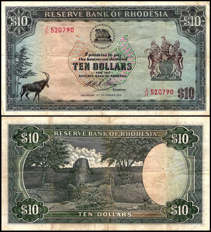 Rhodesia 10 Dollars, 1970-1975, P-33, Used - Image 1 of 1