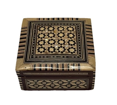 VTG Mosaic Handmade Mother of Pearl Inlay Wooden Jewelry Trinket Box Red Velvet - Image 1 of 4