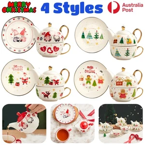3PCS Christmas Tea Set Santa Claus Gingerbread Gold Plated Ceramic Kettle Teapot - Bild 1 von 16