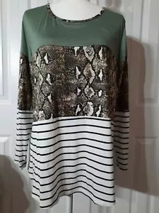 Top para mujer verde salvia/leopardo/rayas - manga larga cuello redondo - talla 1X - Imagen 1 de 8