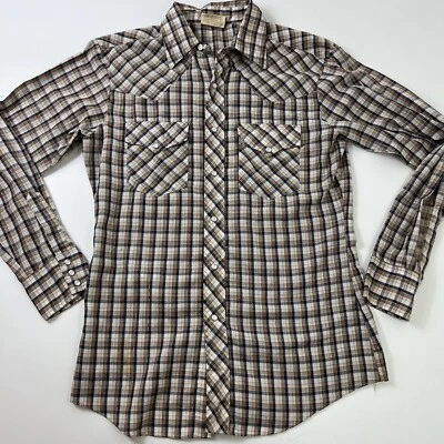 Saturdays in California Western Shirt Plaid Gold Thread Size Medium Pearl Snap - Image 1 of 4