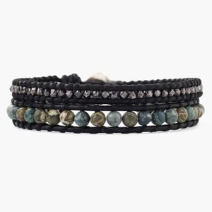 Chan Luu Green Mineral Stone Mix Black Leather Double Wrap Bracelet NWT - Picture 1 of 2