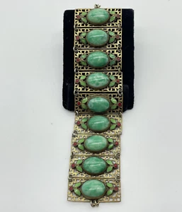 Vintage Max Neiger Eight Panel Bracelet Green Glass Cabo Enameled Accents 1920's - Picture 1 of 9