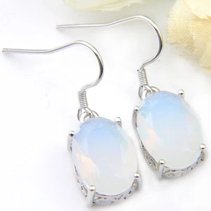 Holiday Jewelry Gift Oval Rainbow Moonstone Gemstone Silver Dangle Hook Earrings - Picture 1 of 6