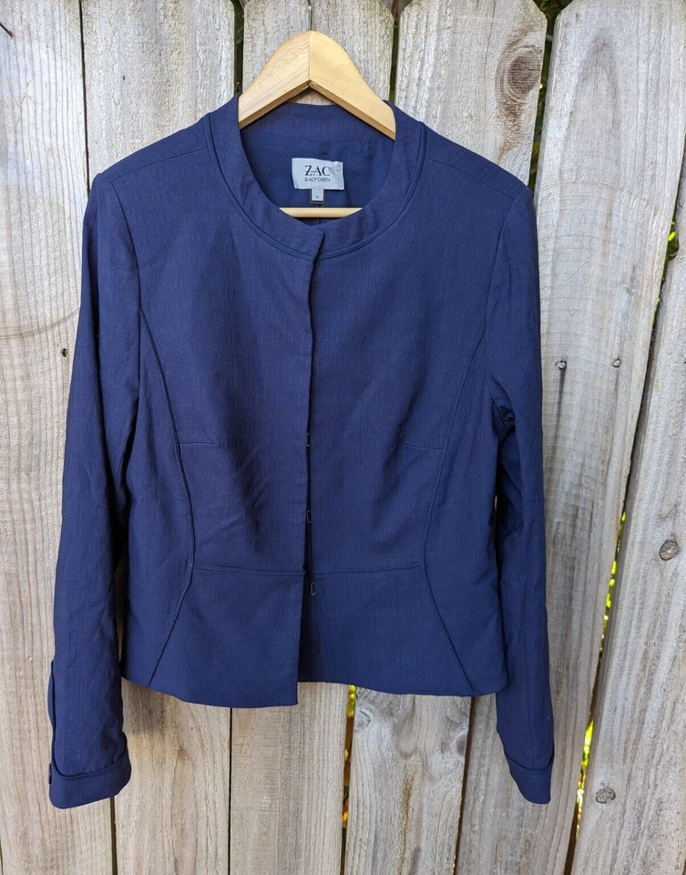 Zac Posen Suit Jacket Navy Blue No Collar Size 12 Shoulder Pads Cotton Blend Foto 1 de 4