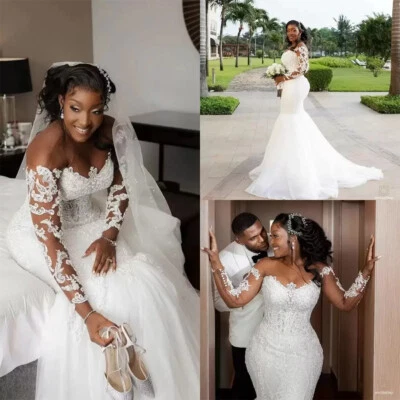 Plus Size Mermaid Wedding Dresses Lace Appliqued Beach Boho Beaded Bridal Gowns - Image 1 of 4