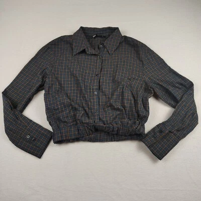 Zara Shirt Womens Small Blue Plaid Check Cotton Button-Down Elastic Hem Crop Top - Image 1 of 4