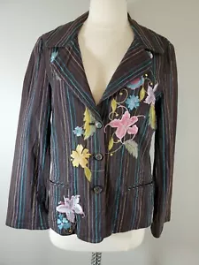 Johnny Was Stripe And Floral Embroidered Blazer Brown Boho Chic Silk Lining - Picture 1 of 11