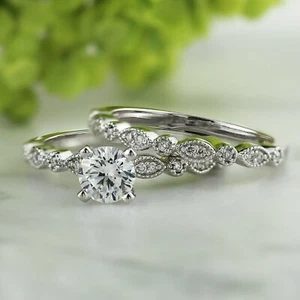 1.55Ct Vintage Simulate Diamond Engagement Bridal Ring Set 14k White Gold Finish - Picture 1 of 9
