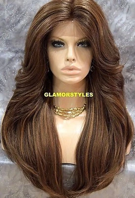 FREE PART LACE FRONT FULL WIG LONG WAVY LAYERED OMBRE BROWN AUBURN MIX HEAT OK