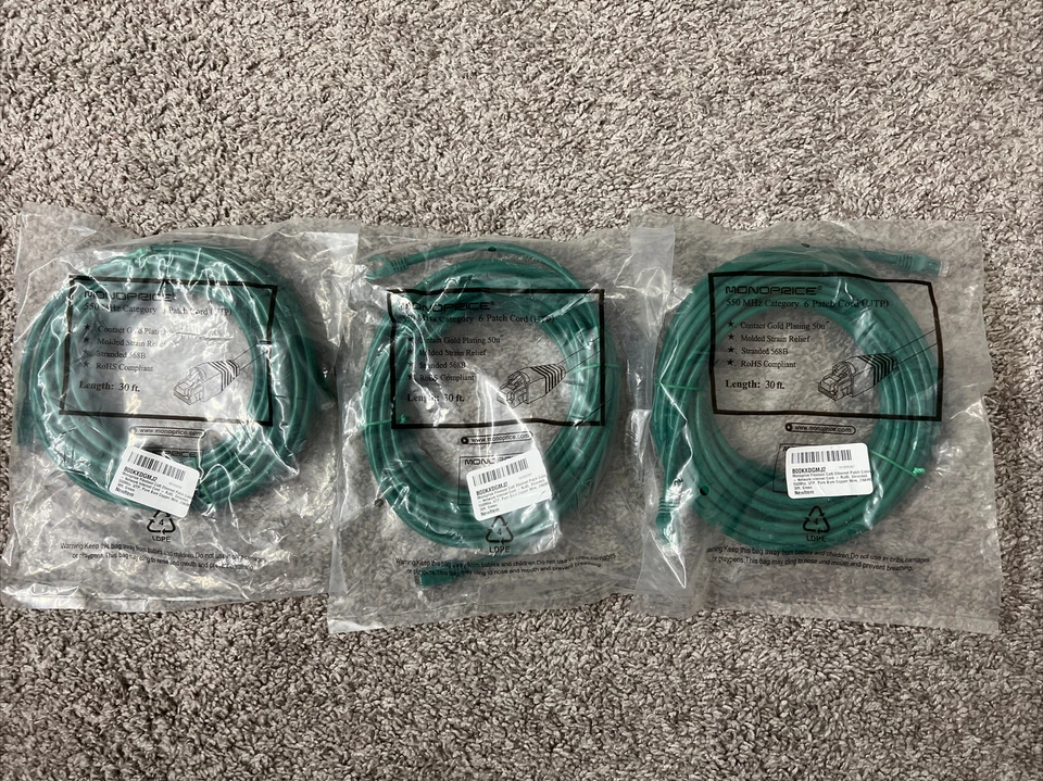 Lot of 3 X RJ45 CAT6 Ethernet Network Cable Black 30ft New - Image 1 of 1