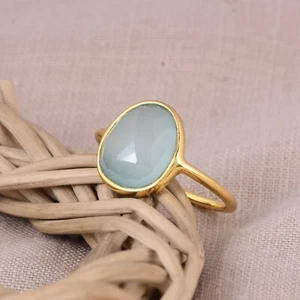 18k Yellow Gold Fancy Shape Ring With Blue Chalcedony Gemstone Jewelry Women - Picture 1 of 13
