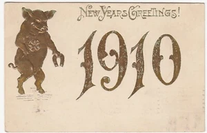 Postal vintage de saludos de año nuevo ~ cerdo dorado con herradura y 1910 - Imagen 1 de 2