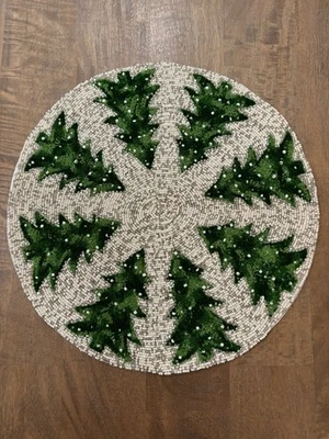 TAHARI HOME Christmas Tree Beaded Placemat Charger Tahari Holiday 15" Round - NEW