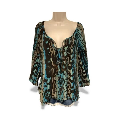 Camisa para mujer Signature by Larry Levine plisada con volantes cuentas negra azul talla 2XL Foto 1 de 4