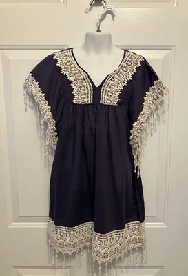 Garnet Hill Kids Blue Embroidered Boho Top Shirt Tunic Size Large 14/16 - Image 1 of 4