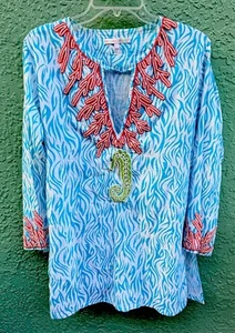 Barbara Gerwit Beaded Tropical Starfish Tunic Kaftan Blouse Size L Beach Style - Picture 1 of 6