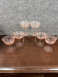 Vtg~Etched Scroll Pink Depression Glass~Coupe Glasses~Set of 6 - Picture 1 of 5