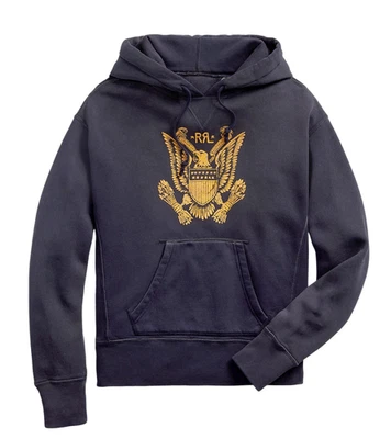 RRL Ralph Lauren Faded Navy Eagle & Shield Logo Cotton Blend Hoodie-MEN- M - Image 1 of 4
