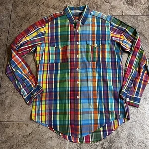 Polo Ralph Lauren Mens Button Down Colorful Plaid Shirt Trim Military SZ Large - Picture 1 of 6
