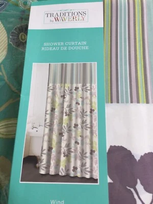 Waverly Wind 花卉条纹绿色灰色织物浴帘新品 — 第 1/4 张图片