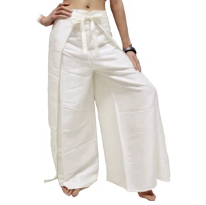 Womens Thai Fisherman Pants Silk Yoga Wrap Sarong Off-White Hippie Harem Palazzo - Picture 1 of 3