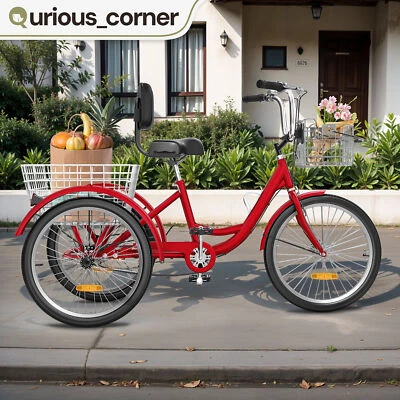 26" Adult Tricycle Trike 3 Wheels Bicycle Single 1 Gear Front Rear Basket Red - Image 1 of 4