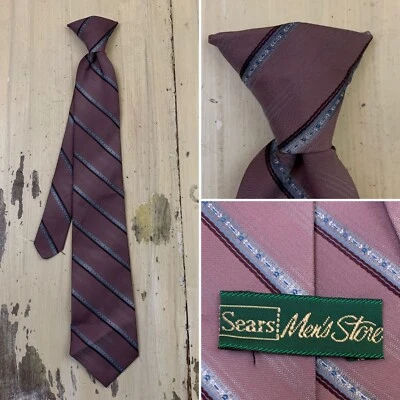 SEARS MENS STORE - Corbata de Colección Años 70-80 Malva Rosa Oscuro y Azul Rayas Clip-on Cuello Foto 1 de 4