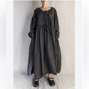 NWT Les Ours Lilou Dress Little Bronze Dots Maxi Stretch Cotton In Black Size L - Picture 1 of 9