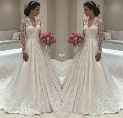 Elegant Wedding Dress Long Sleeve V Neck Lace Applique Sweep Train Bridal Gown - Image 1 of 4