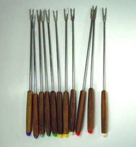 Fondue Forks Set of 10 Vintage Stainless Steel with Wood Handles And Color Tips - Picture 1 of 4