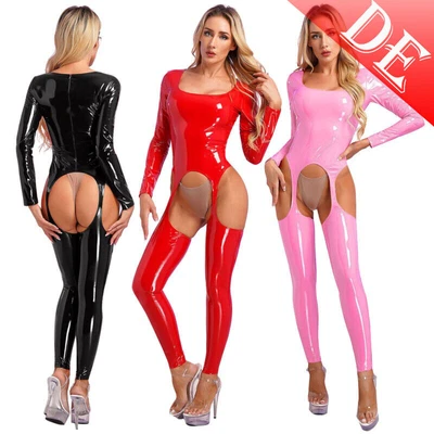 DE Damen Body Overall Wetlook Jumpsuit Lackleder Catsuit Hose Metallic Hose Club - Bild 1 von 4