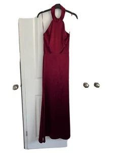 Wine Red Long Halter Neck Prom / Bridesmaid, Stretch Fitted Dress -size 8 Vgc - Picture 1 of 7
