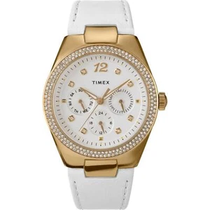 Timex Women's Watch Simone Crystal Bezel White Dial Leather Strap TW2V80500 - Picture 1 of 5