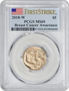 2018-W Brustkrebsbewusstsein $ 5 Gold Gedenkmünze MS69 PCGS Erstschlag Flagge - Bild 1 von 2
