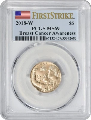 2018-W Breast Cancer Awareness $5 Gold Commemorative MS69 PCGS First Strike Flag - Image 1 of 2