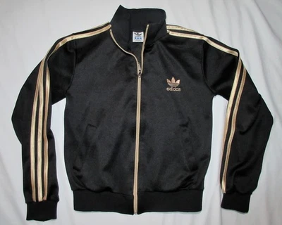 Vintage 1990's ADIDAS Womens SMALL Track Jacket Black GOLD SATIN STRIPES Trefoil - Image 1 of 4