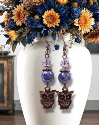Pendientes búho rústico mancha azul jaspe y cristal gris ganchos de bronce antiguos Foto 1 de 3