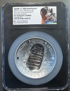 2019-P APOLLO 11TH 50TH ANN. - FIRST DAY NGC PF70 UCAM - .999 SILVER 5oz! - Picture 1 of 2