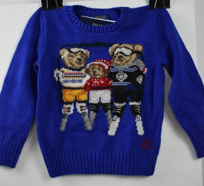 Nuevo con etiquetas Polo Ralph Lauren Talla 4/4T Azul Bordado Oso Esquí Familia Tejido Suéter $295 Foto 1 de 4
