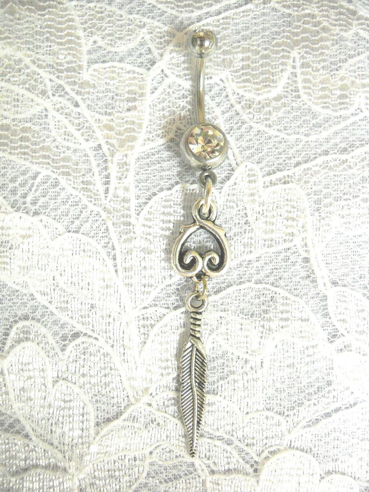 FANCY CONCHO STYLE DREAM CATCHER DANGLING FEATHER 14g CLEAR CZ BELLY RING BAR - Image 1 of 1