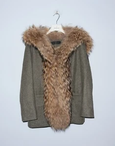 DUOHTA VUOHTA Womens Lapland Luxury Raccoon Fur Green Wool Nellim Jacket Size 36 - Picture 1 of 15
