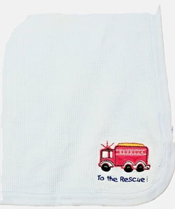 Baby Connection Blue Thermal Waffle Baby Blanket Firetruck TO THE RESCUE Cotton - Picture 1 of 11